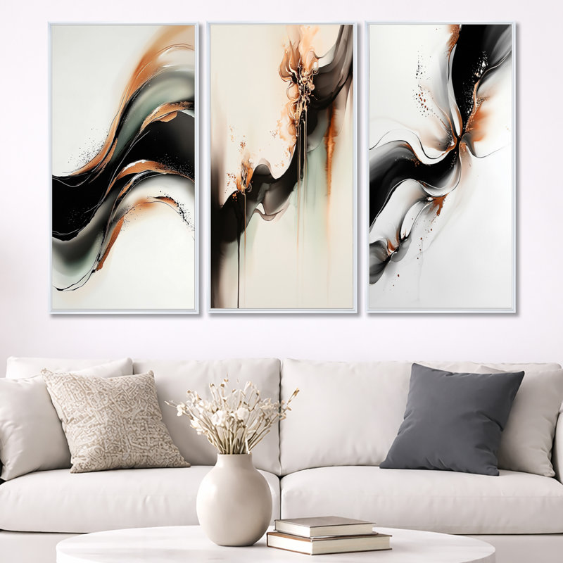 Quantum Flux of Marble Storm - ensemble d'art mural encadré en marbre gris abstrait de 3, H 32 po x l 48 po