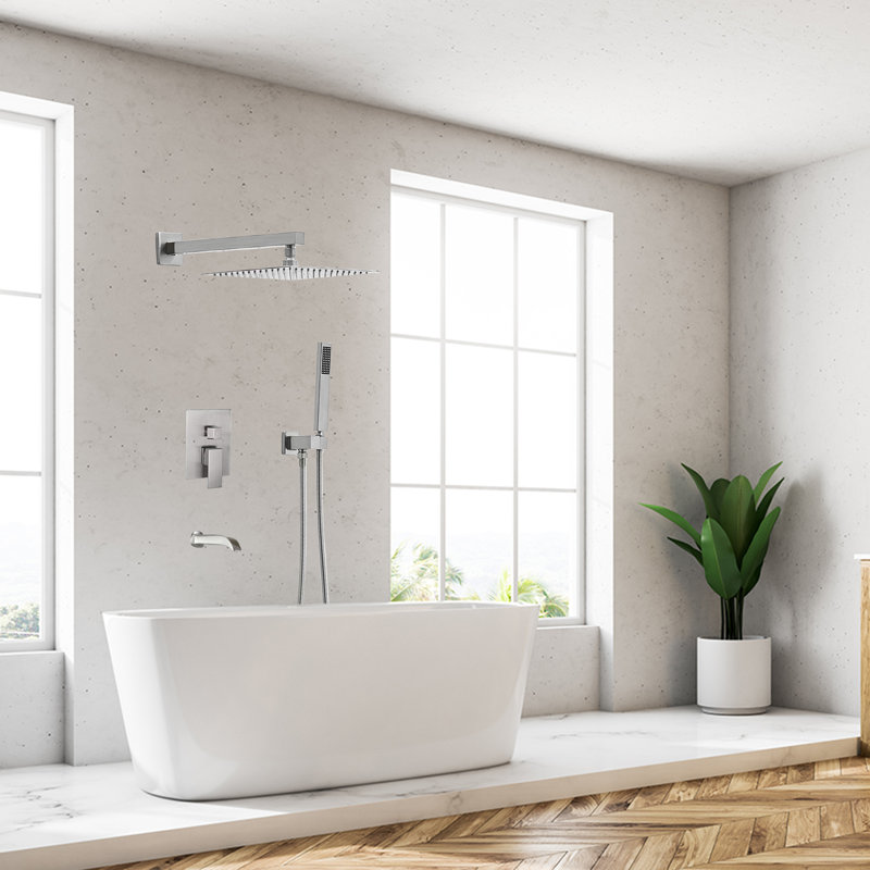 Robinet de douche 12 pouces avec cascade et ensemble de becs, système de luxe carré, mélangeur de pression à 3 fonctions à fixation murale, corps de robinet et garniture inclus