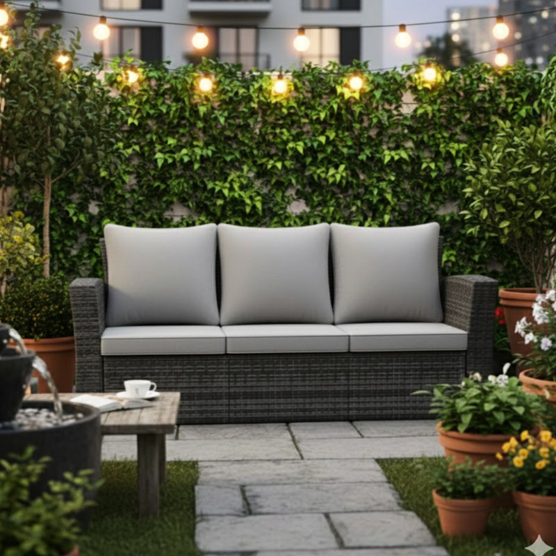Terrasse 3 places tout temps de 172 cm (67,7 po), coussins gris, structure noire, fer robuste et imperméable pour une utilisation extérieure