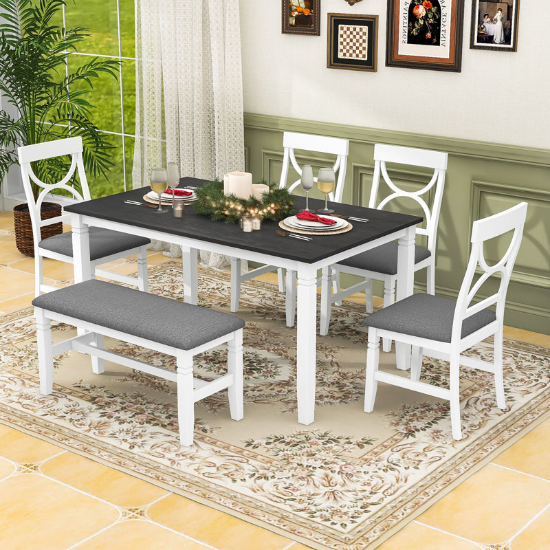 Ensemble de salle à manger 6 pièces Danayjah, table rectangulaire en bois, chaises rembourrées et banc pour petits espaces