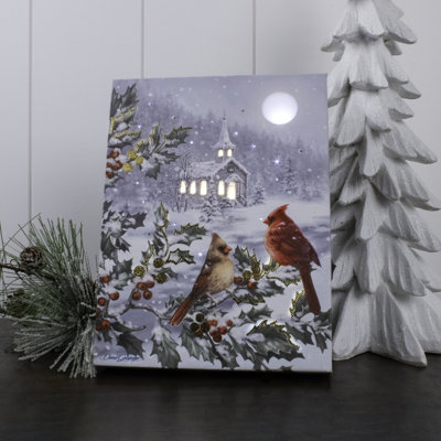 White Gold Cardinals 8X6 Lighted Tabletop Canvas