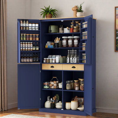High Freestanding Kitchen Pantry With 2 Drawers, 2 Adjustable Shelves And 8 Door Shelves