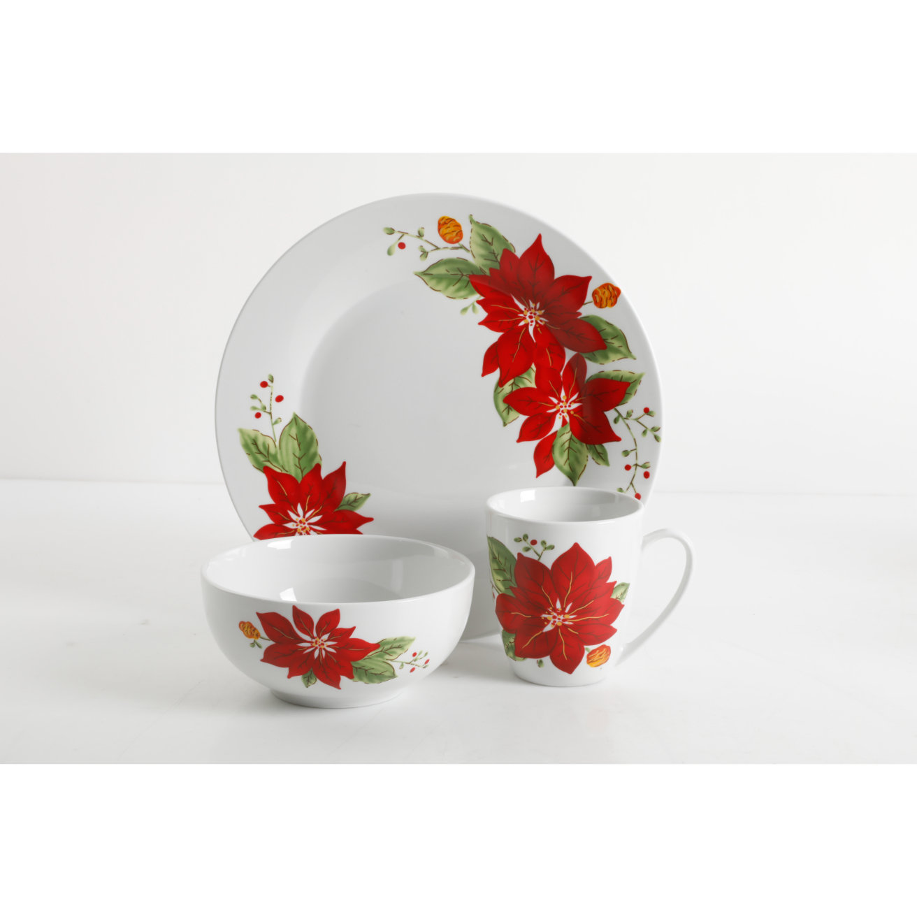 Gibson Home Gibson Holiday Poinsettia 12 Piece Dinnerware Set, Fine ...
