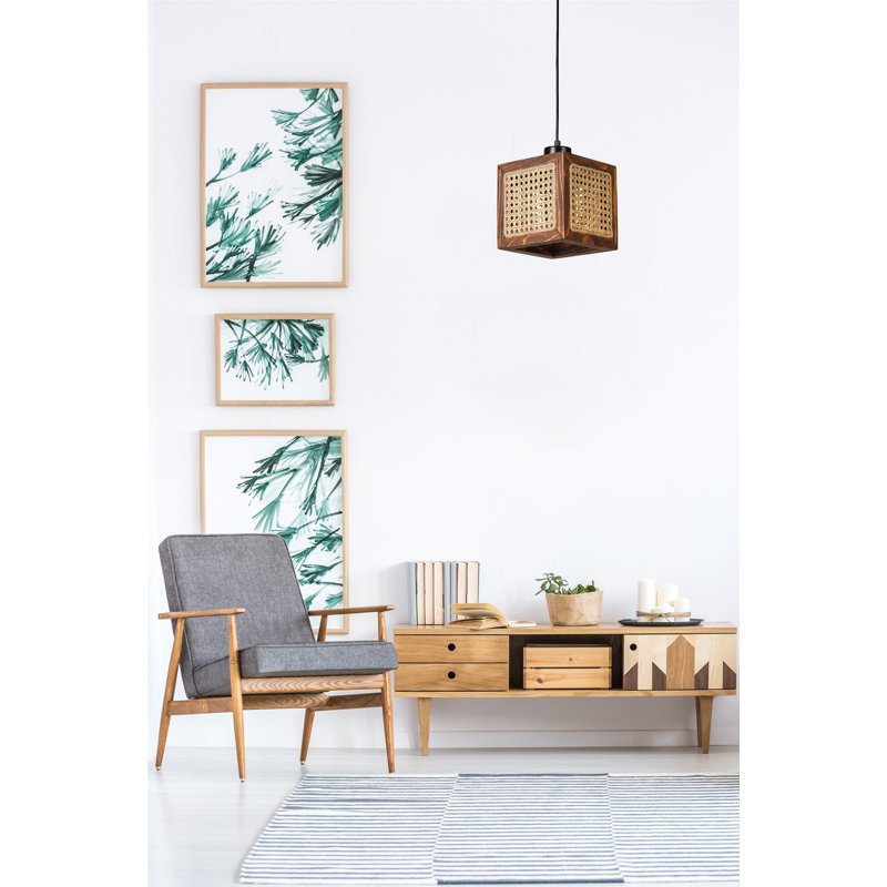Elegant Chandelier with FIR Wood Body & Natural Rattan Cap, 7.1 x 7.1 x 27.6 inches | Adjustable Height | E27 Socket, Max 40W | Stylish Rattan & Walnut Finish | Perfect for Dining Room & Living Spaces