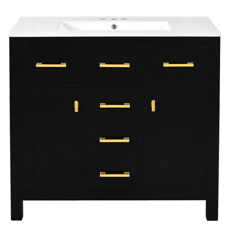 Meuble-lavabo 72 po avec lavabo en céramique, forme rectangulaire, robinet compatible 4 po, 4 armoires, 8 tiroirs, charnières réglables pour une finition lisse et silencieuse, finition noire, - débordement de déversoir