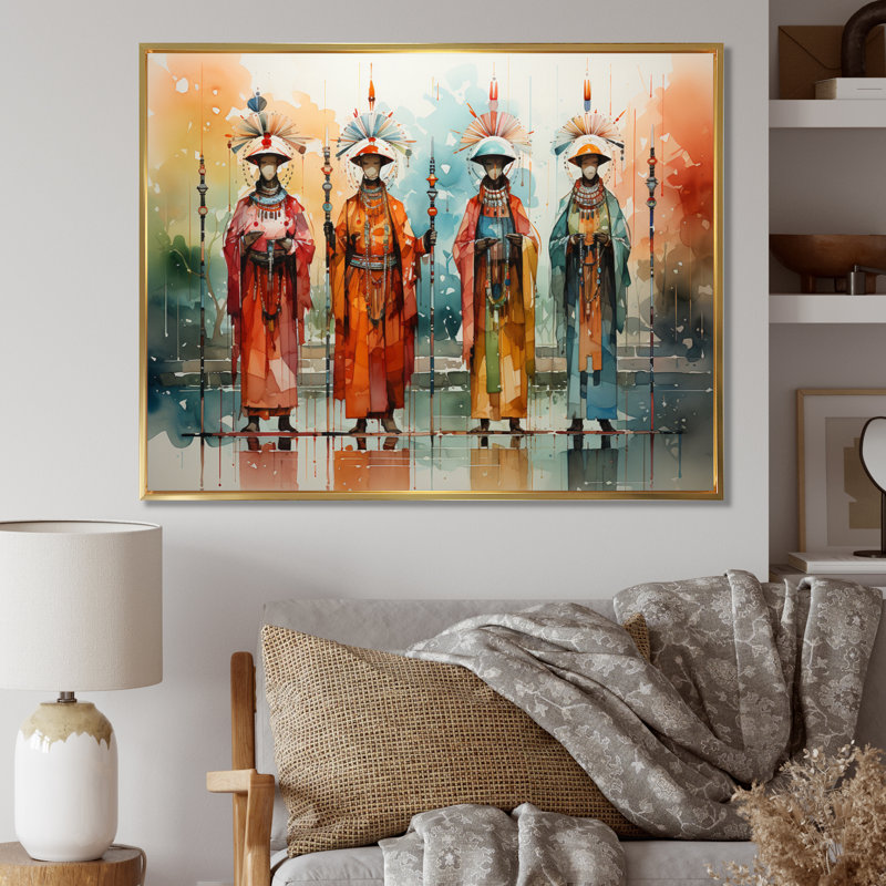 Native Art Kachinas Dance, reproduction d'art sur toile, Cadre flottant doré, 34" H x 44" W