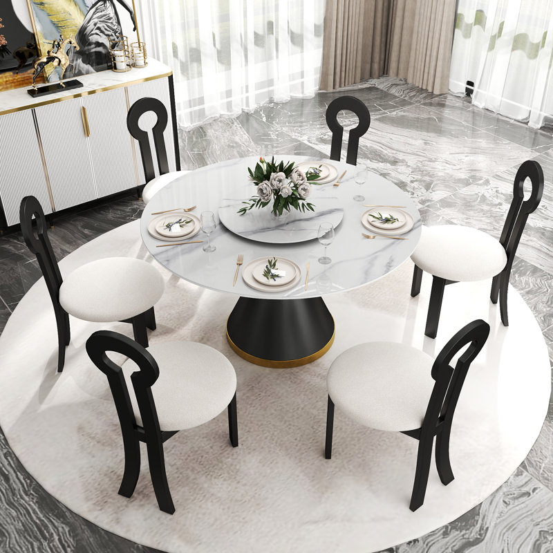 6 Seat Modern Round Sintered Stone Dining Table With Rotating Tray,modern Key-shaped Dining Chairs, White