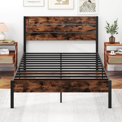 Twin Bed Frame With Tall Industrial Headboard Heavy-duty Metal Slats Support Brown by 17 Stories