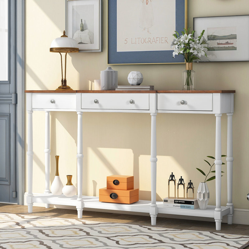 Console en bois massif de 58 po, Brun, Blanc