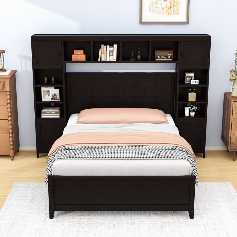 Lit double en bois 4 tiroirs avec armoires et tablettes, Espresso