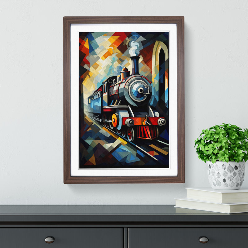 Steam Train Cubism No.3 - Framed Print, 34cm H x 25cm W x 2cm D, Walnut