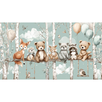 Papier peint mural animaux de la forêt pour chambre d'enfant | Ours en peluche et cerf | Intissé ou autocollant