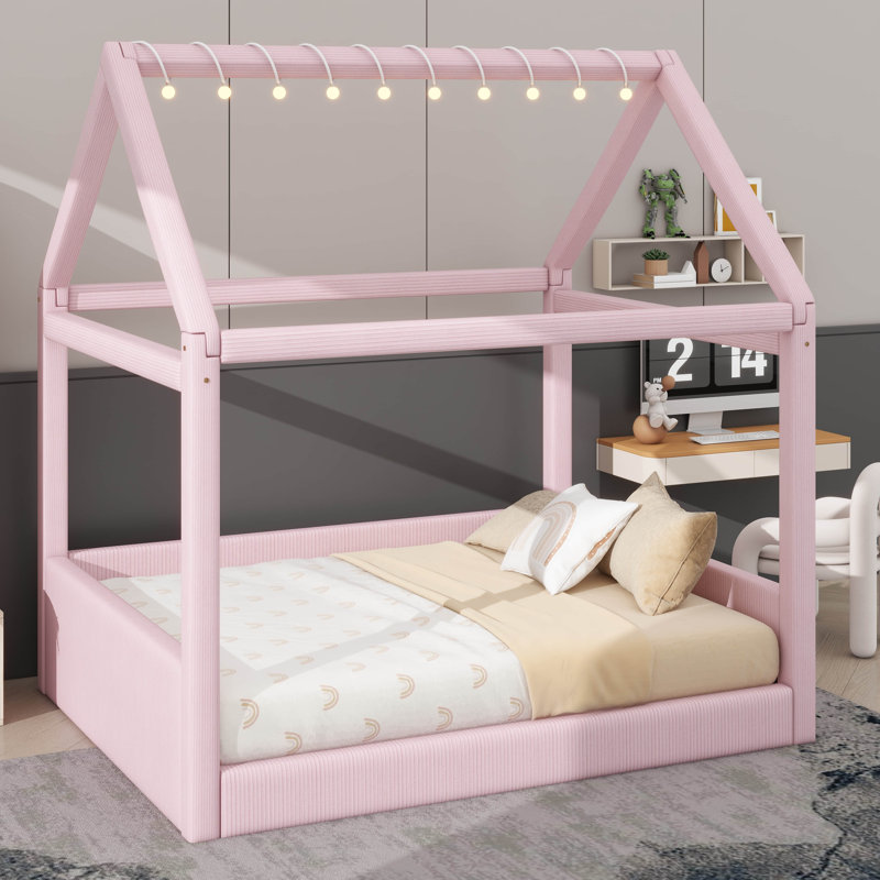 Lit de jour pleine grandeur avec housse en tissu et bandes lumineuses à DEL, Rose