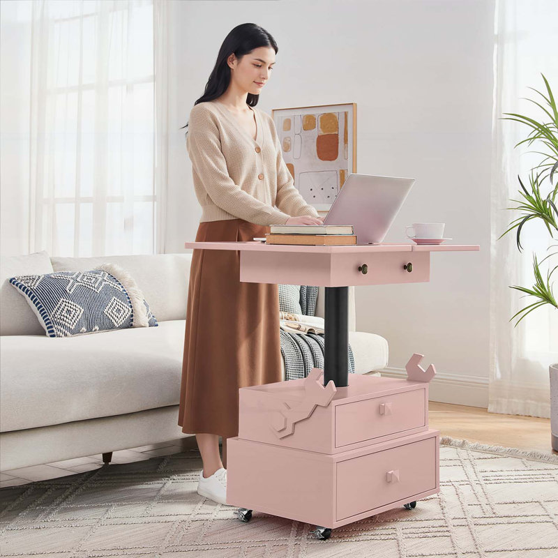 Table basse roulante à hauteur réglable avec station de charge et rangement, Rose