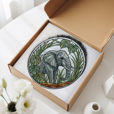 Elephant Jungle Stained Glass Window Panel，12"H