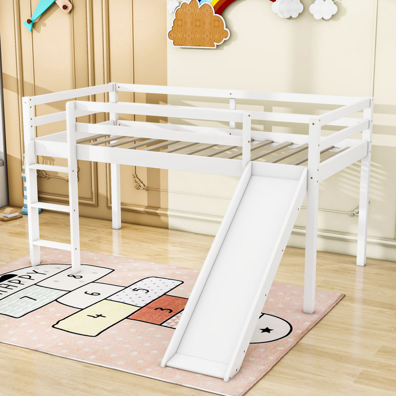 Khai Twin Low Loft Bed With Slide And Ladder, White