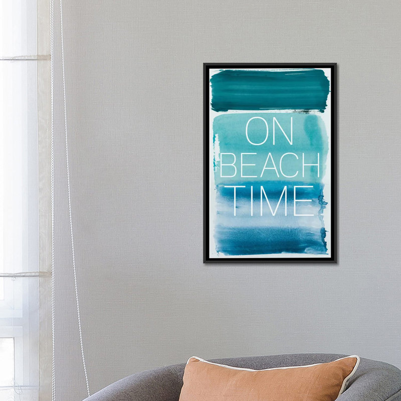 «On Beach Time», art textuel sur toile, H 26 po x l 18 po x P 1,5 po, Toile avec cadre noir, Pas de tapis