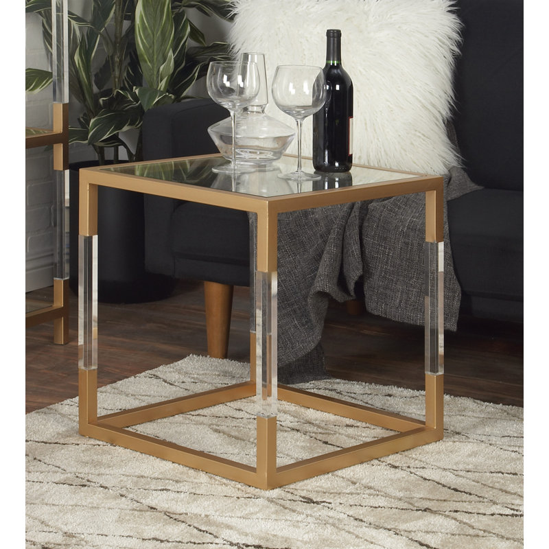 Gold Metal and Clear Glass Square End Table with Acrylic Legs