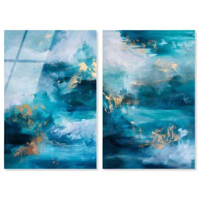 Aqua Gold Seascape Acrylic Print Sage Gold Wall Art Set by Art Remedy, Ready to Hang, 24 x 36