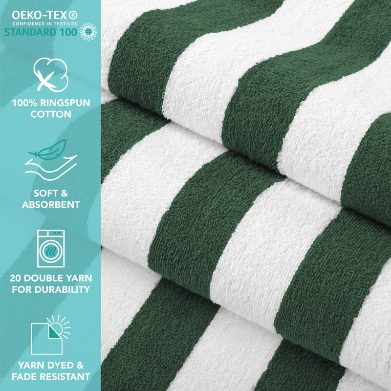 Hunter Green and White Striped Oversized Cotton Beach Towels - 30 x 70 in - Pack of 4
