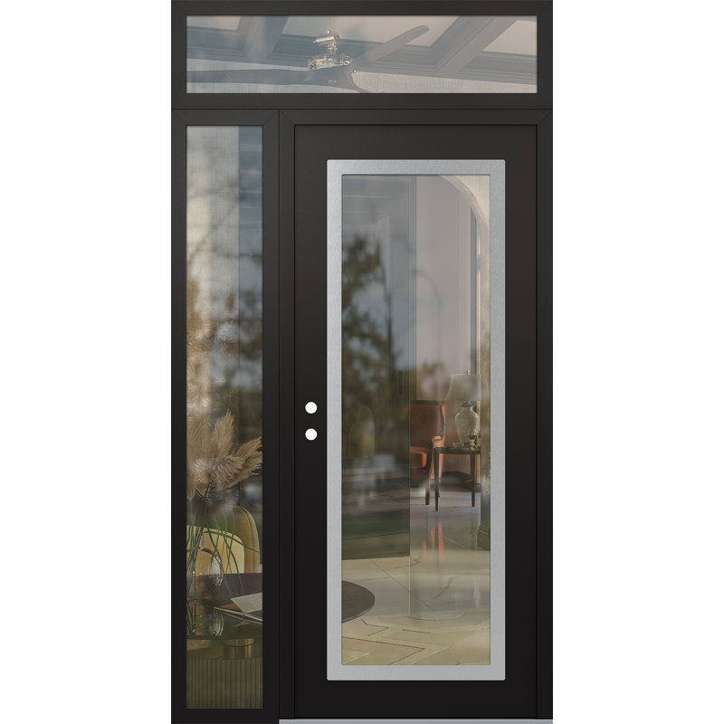 C1 96 In. Panel Steel Black And Black Mirrored Glass With Sidelite And Transom Mirrored Glass Prehung Front Entry Door, Clear