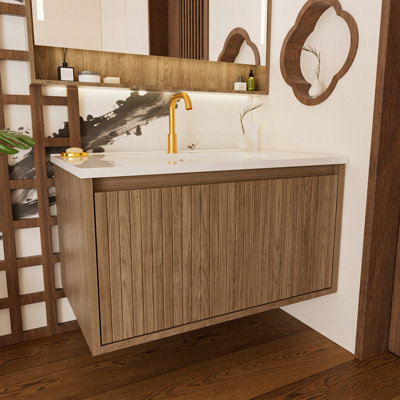 30 Inch Bathroom Vanity Cabinet With Ceramic Sink - Walnut Wall Mounted Floating Fluted Vanity With Drawers, Modern