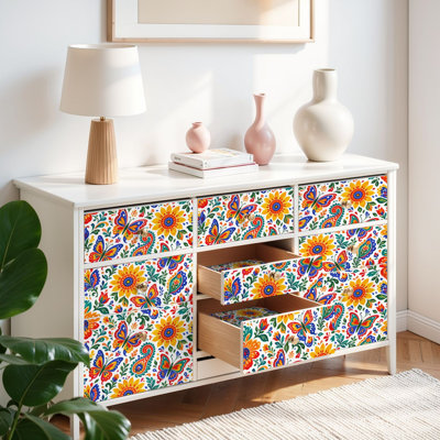 Peel and Stick Wallpaper Contact Paper Seamless Mexican Otomi Style Bright Butterflies flowers Self Adhesive and Removable 17.7in x 118in(45x300cm)