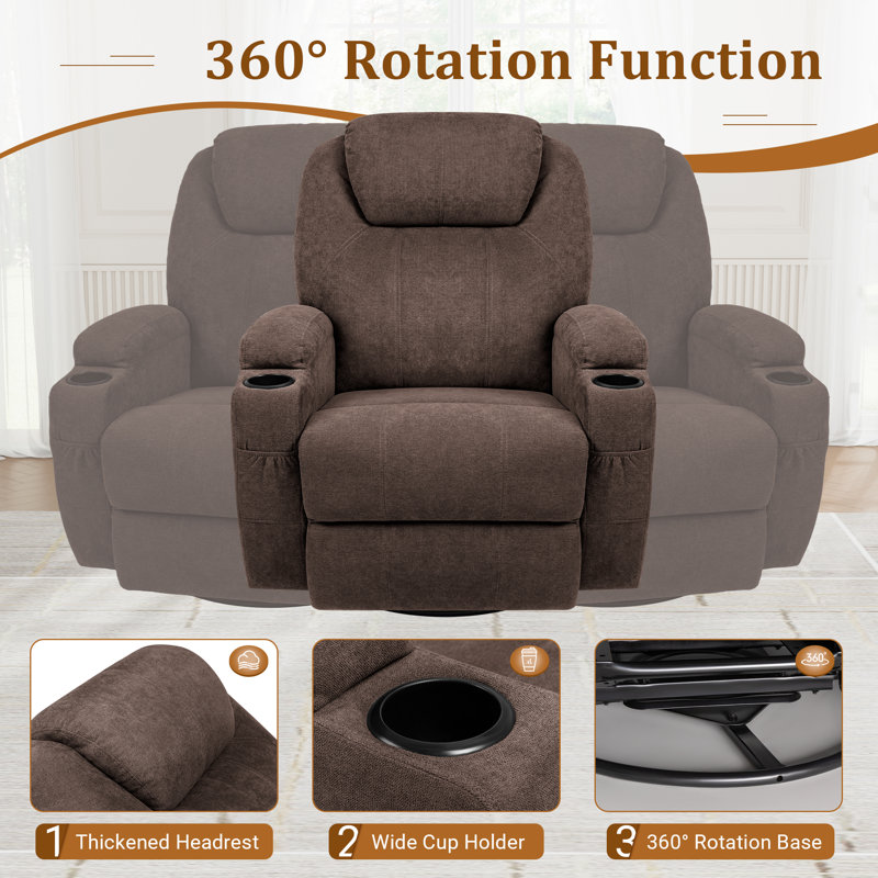 Fabric Rocking Chair with Massage, 360 Degree Swivel Sofa Seat with Drink Holder, Brown Canvas