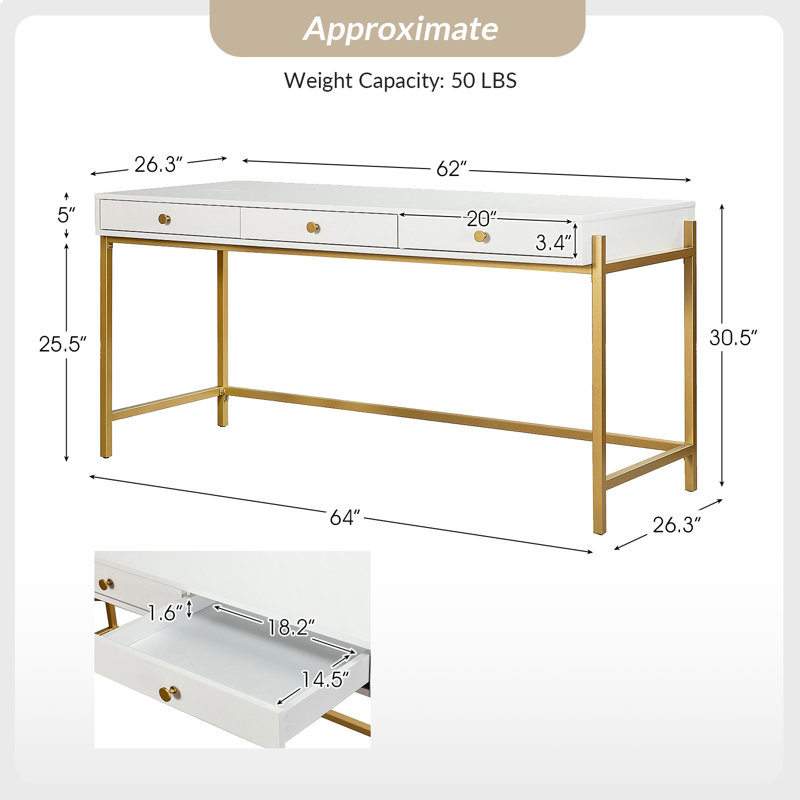 Bureau rectangulaire Doreen, H 30 po x l 64 po x P 26,3 po, Blanc / or