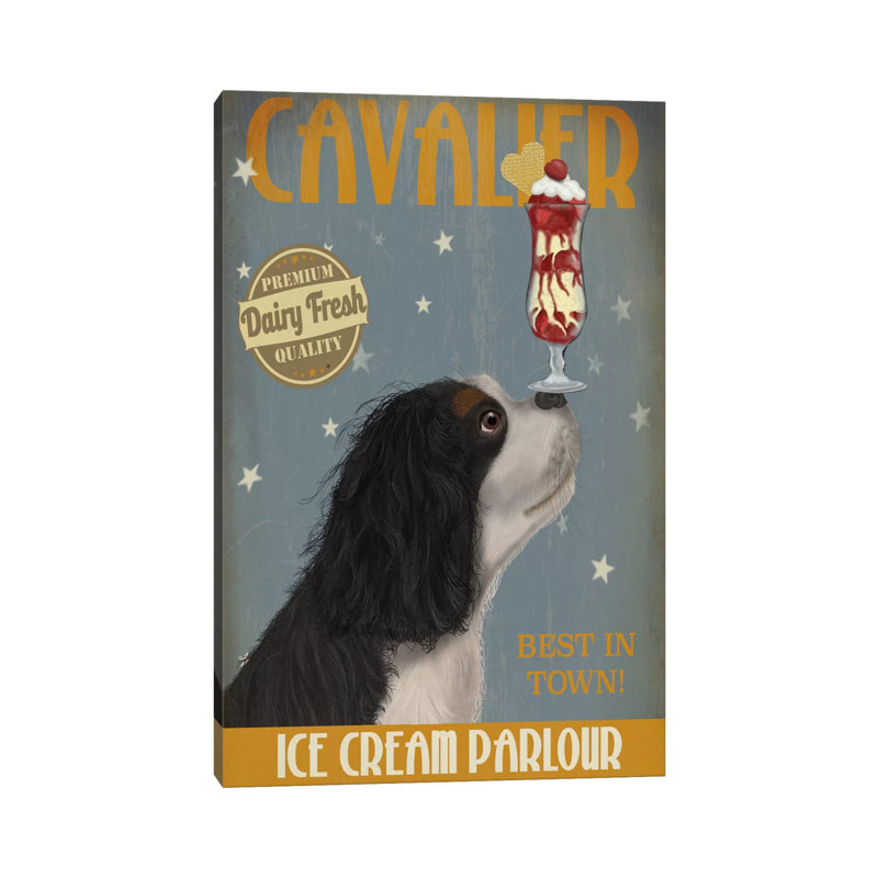 Cavalier King Charles (Black White) Ice Cream Parlour by Fab Funky - Wrapped Canvas Gallery-Wrapped Canvas Giclée