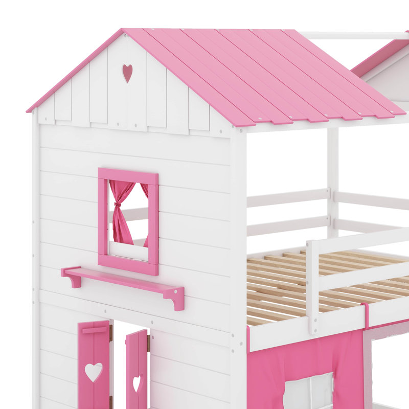 Lit double en bois avec lits élégants et fenêtres élégantes, Rose/Blanc