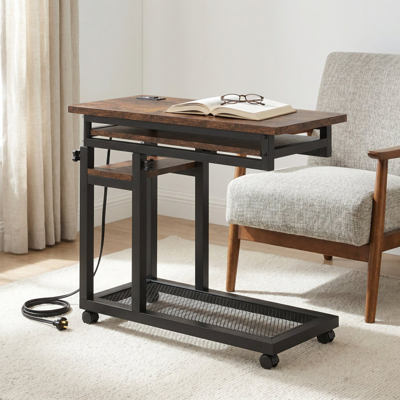 Table de bout à hauteur réglable de 31,5 po avec prises de courant, tablettes de rangement et plateau à clavier, Rustic Brown