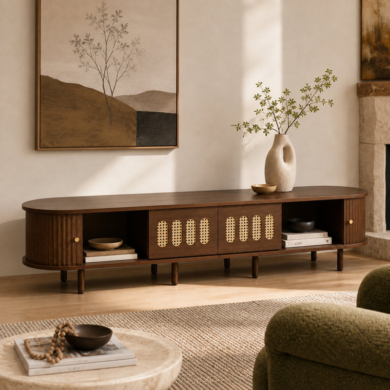 Walnut Curved TV Stand With Rattan Drawers, Wooden Media Storage Cabinet For Living Room