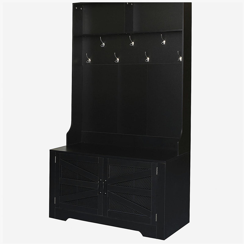 Banc d'entrée avec portemanteau, 3 en 1 et tablettes réglables, portemanteau avec 7 crochets pour l'entrée, salon, Noir