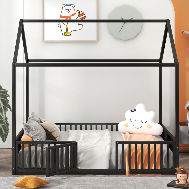 Metal House Bed With Fence, Twin, White