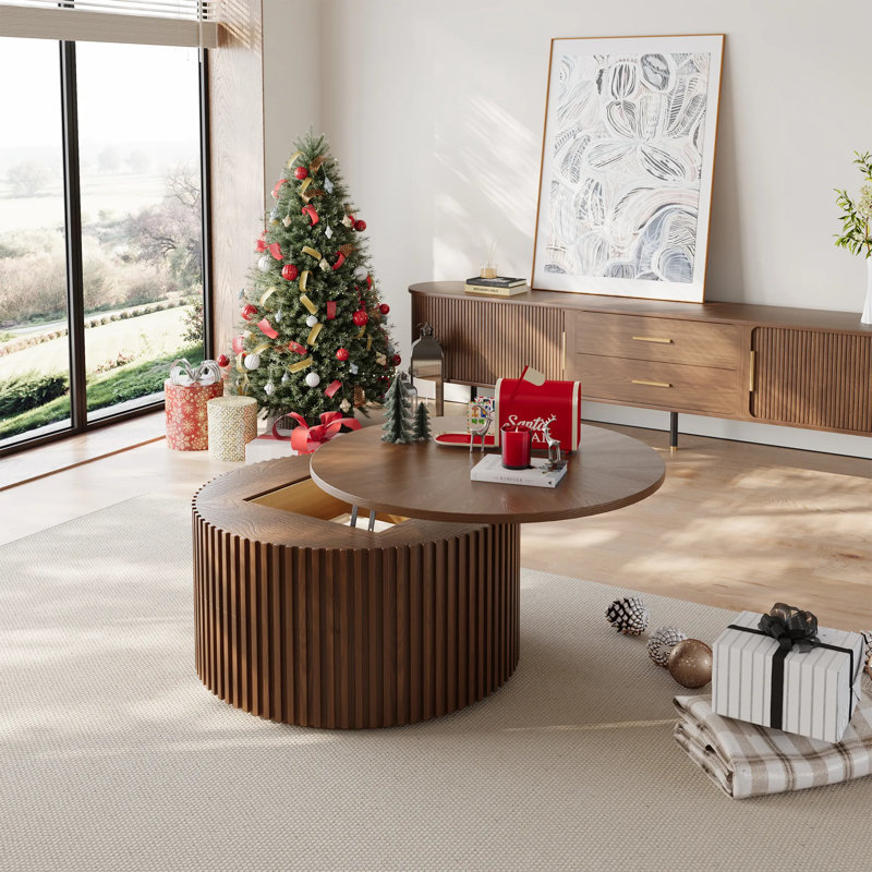 Silva - Lifting Top Round Coffee Table, Light Walnut, 17.72" H x 39.37" L x 39.37" W