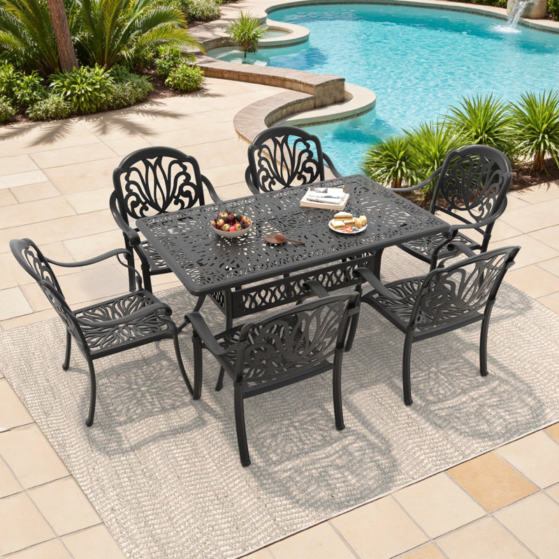 7-Piece 58.27" L 34.65" W Rectangula Table Cast Aluminum Outdoor Dining Set with Umbrella Hole and Brown Cushions