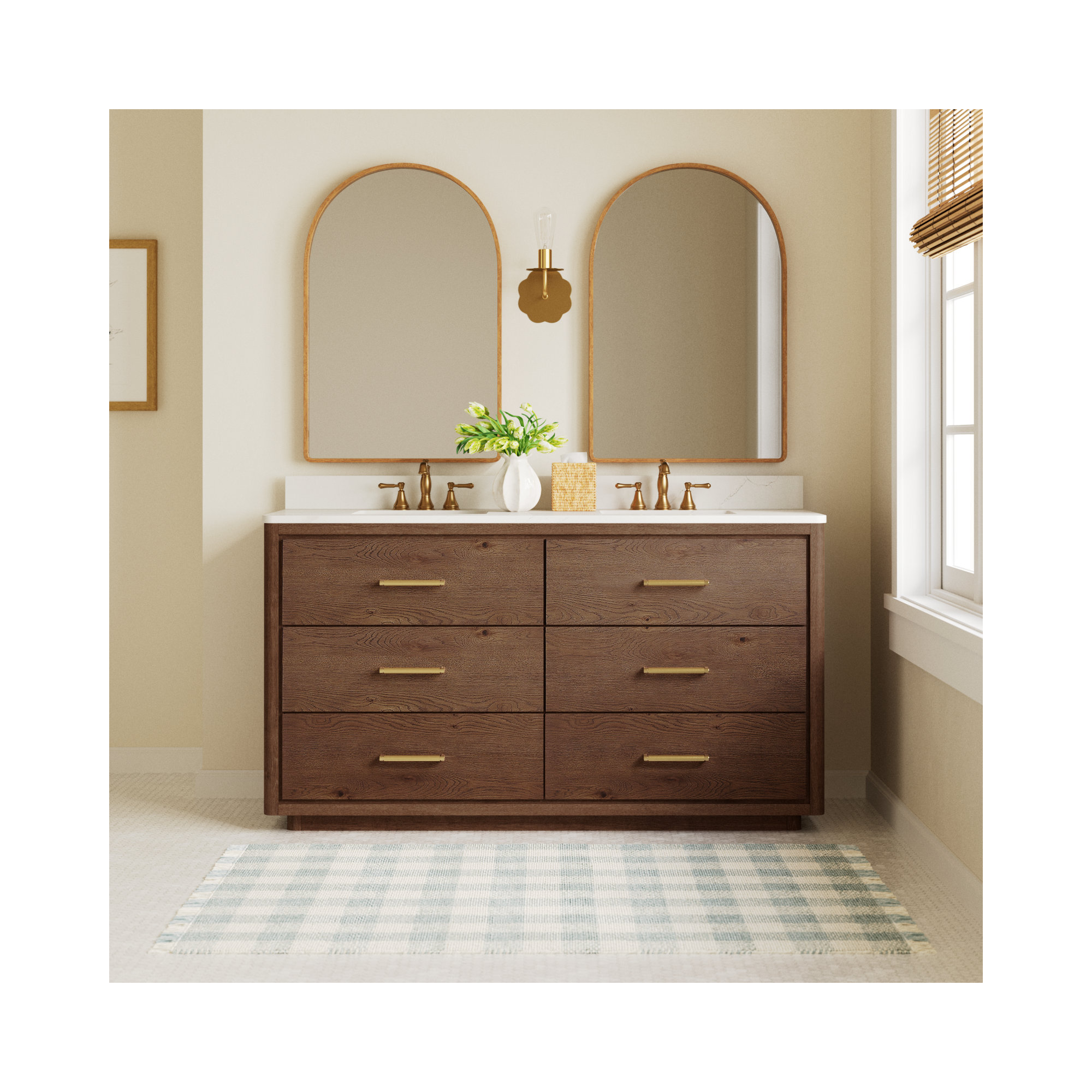 Porto 60'' Double Bathroom Vanity, Gold, Dark Brown Oak
