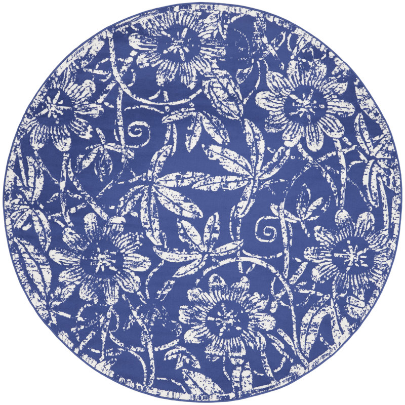 Tapis bleu marine en polypropylène tissé à la machine Yetty, Rond 8 pi