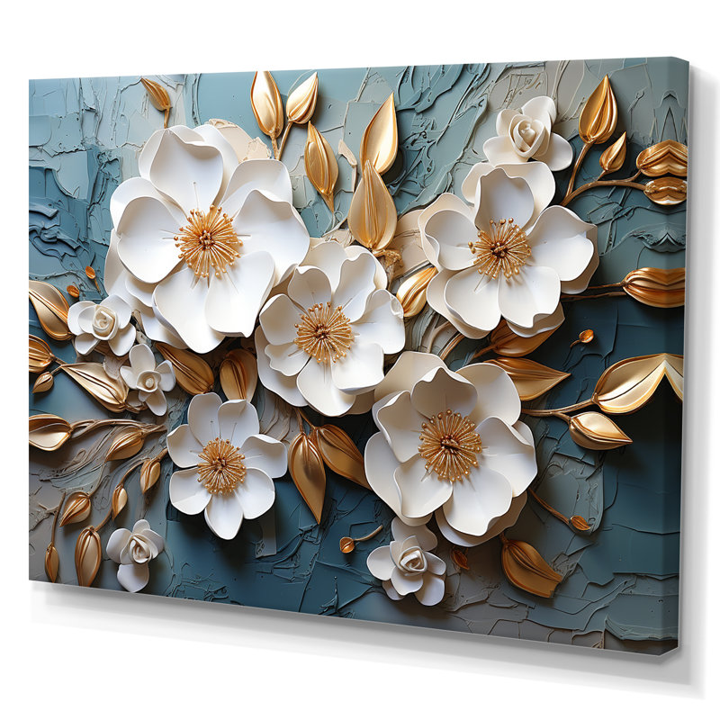 Blanc et or, charmante fleur printanière, V - Fleurs, art mural, Toile tendue, H 16 po x l 32 po x P 1 po