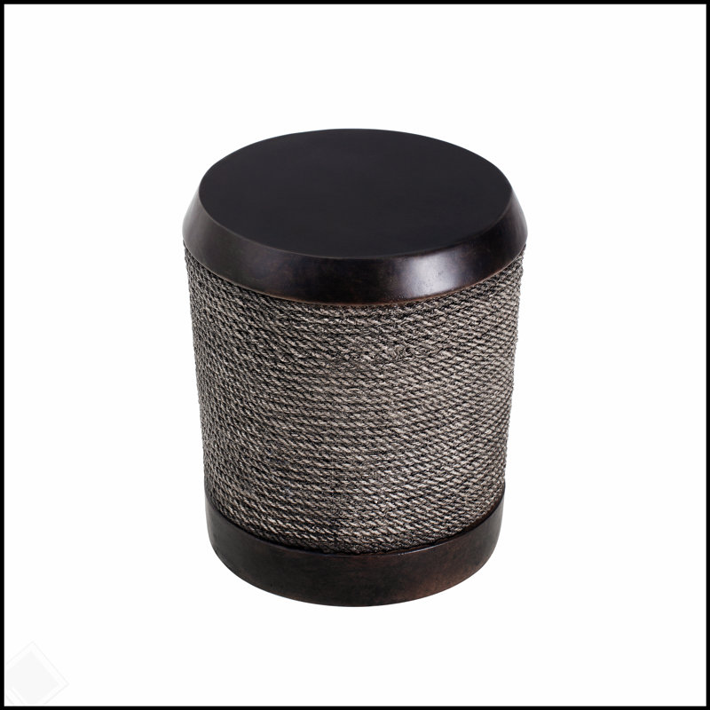 Outdoor Simulated Braided Cord MGO Side Table with Vintage Trim – Indoor Retro Cylindrical End Table for Home & Patio Decor