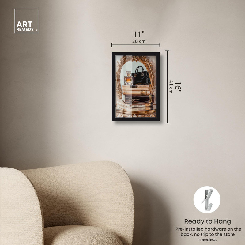 «Elegant Glam by the Mirror Shadowbox Print» par Art Remedy, H 16 po x l 11 po, Noir