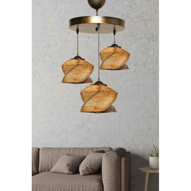 Stunning Beige Chandelier with Metal Body, Imitation Bamboo Cap, 9.1 x 9.1 x 6.3 inches | Total Height: 33.5 inches | CE Certified, 3 x E27 Sockets (Max 40 W) | Elegant Lighting for Dining Room & Living Spaces