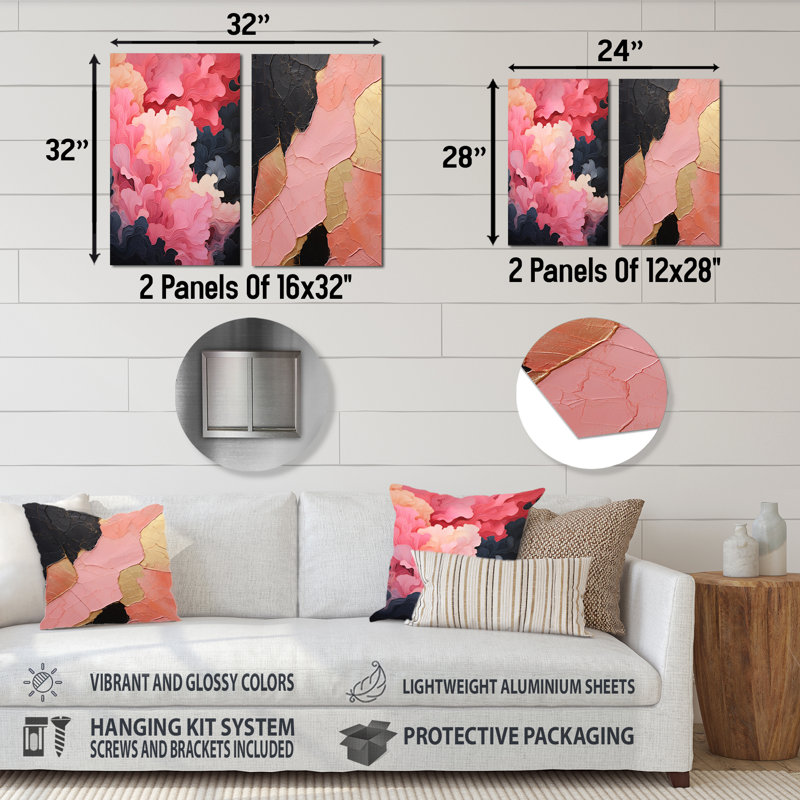 Minimalisme, poteries roses - ensemble abstrait d'art mural en métal de 2, H 28 po x l 24 po