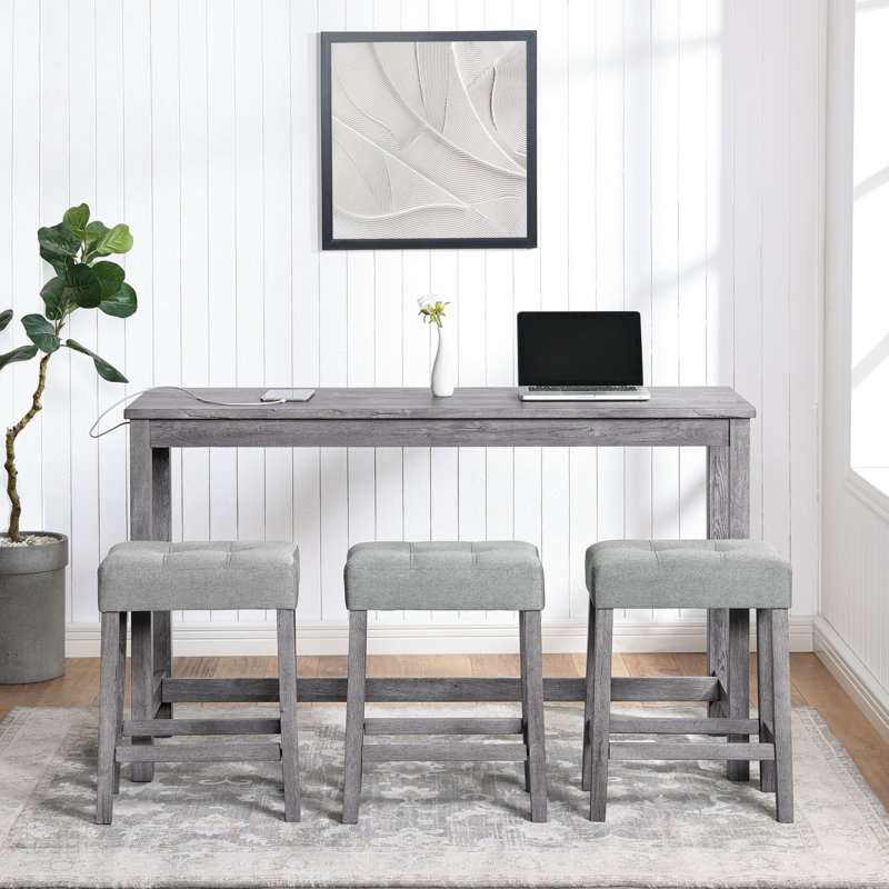 Ensemble de table de bar industriel avec prise de courant, conception peu encombrante et sièges confortables pour une utilisation polyvalente dans les salons et les salles à manger