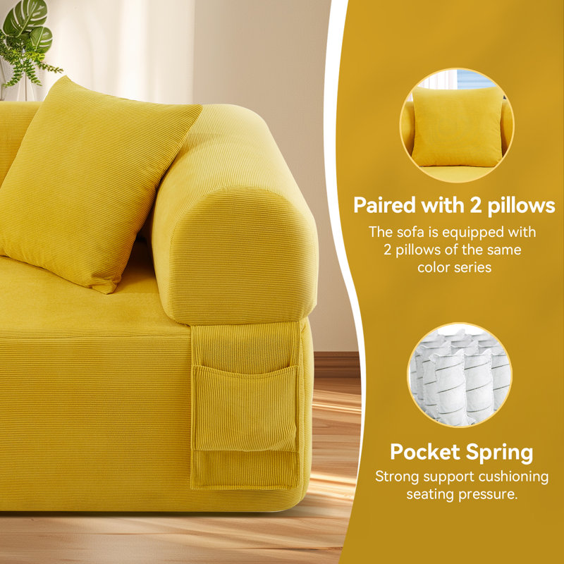 Floor Couch - 3 Seats Compression Sofa with Pillows Hybrid Sofa Pocketed Spring, Yellow