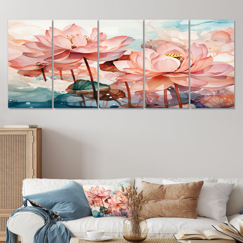 Lotus Pond, encre de Chine rose et verte - art mural 5 pièces, H 28 po x l 60 po