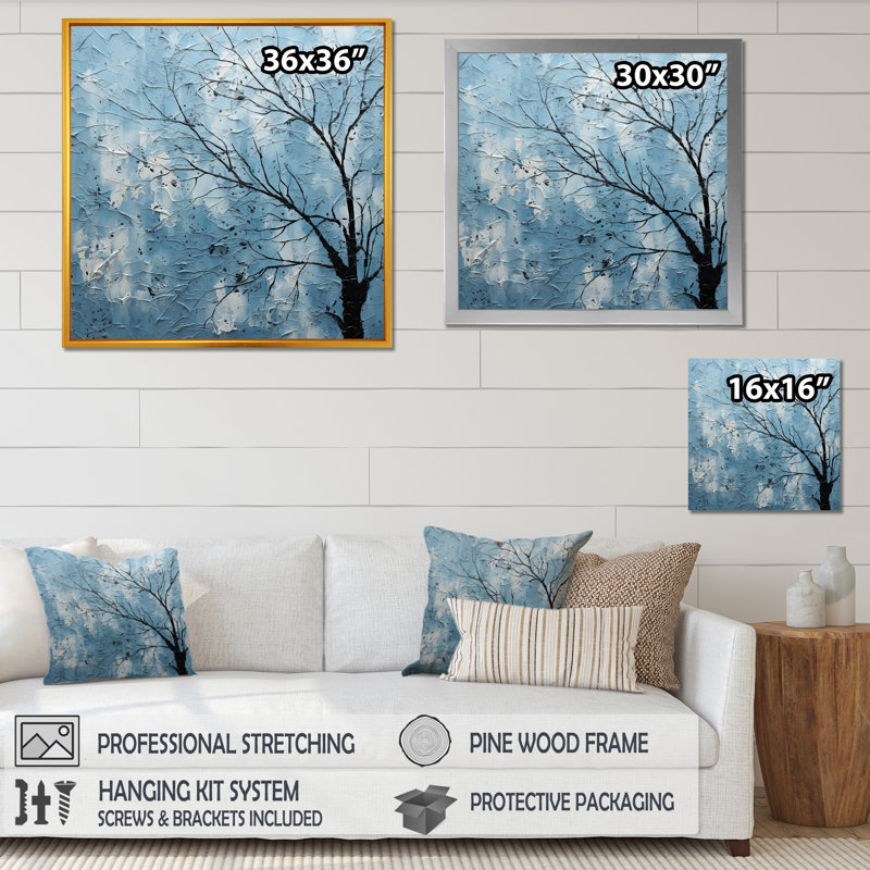 Minimalisme arbre bleu paysage II sur toile, Cadre flottant doré, 16" H x 16" W