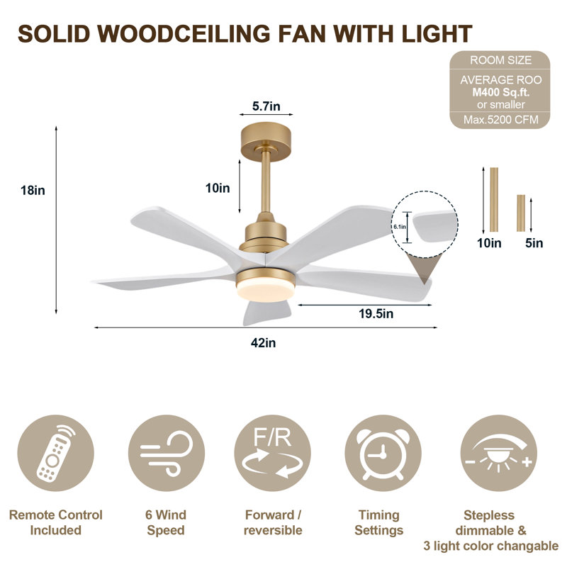 Ventilateur de plafond intérieur 42 pouces avec lumière à DEL à intensité variable et 5 pales en bois massif, Doré, Blanc