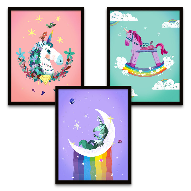 Unicorns Rainbows Moon Stars - 3 Piece Print Set